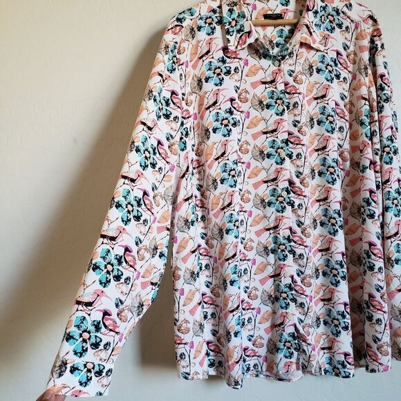 Talbots Floral Bird Button Front Tunic Top Roll Tab Sleeves Multi Size Womens 2X - Picture 6 of 11